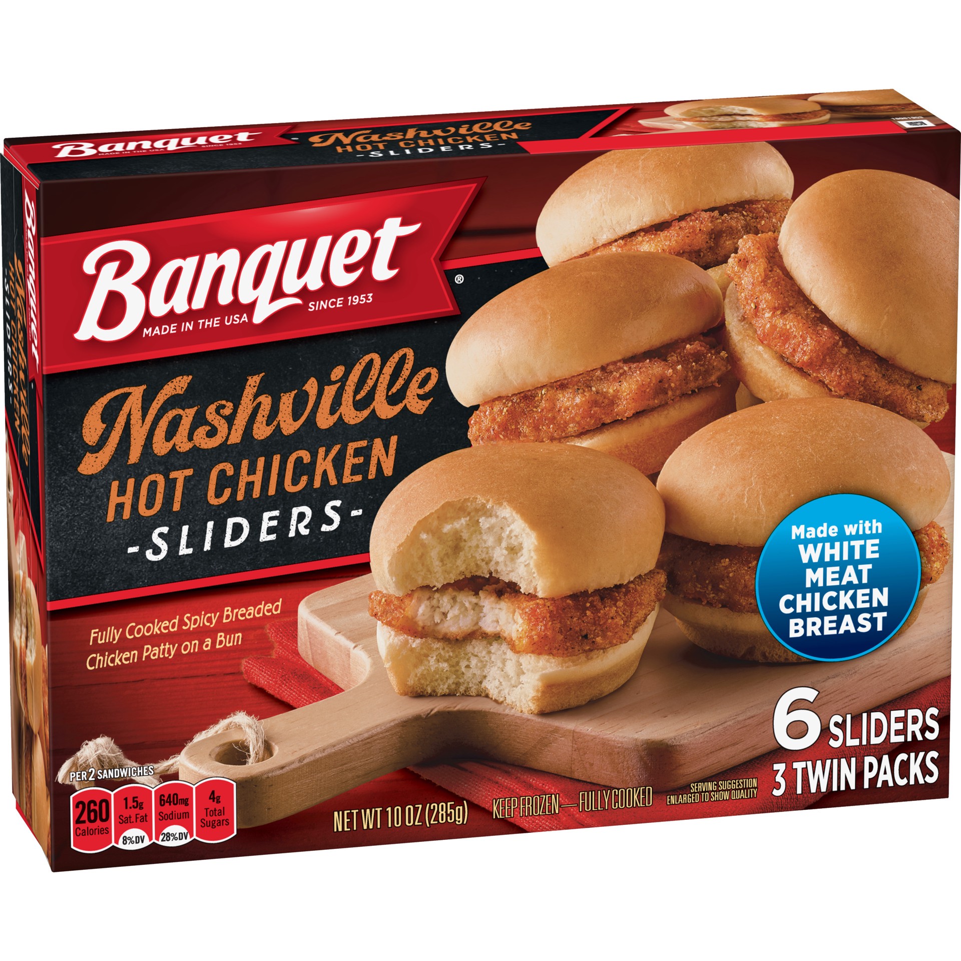 slide 4 of 5, Banquet Frozen Meal, Nashville Hot Chicken Sliders, (3) 3.6 Ounce Twin-Packs, 10 oz