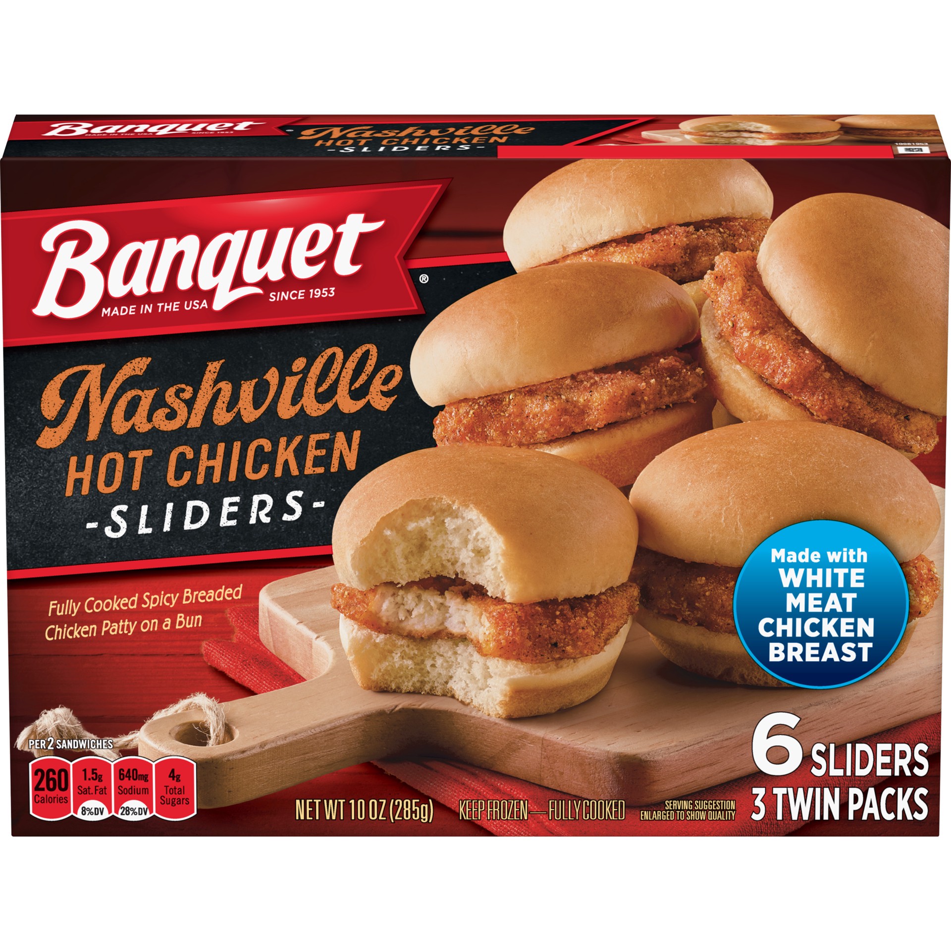 slide 1 of 5, Banquet Frozen Meal, Nashville Hot Chicken Sliders, (3) 3.6 Ounce Twin-Packs, 10 oz