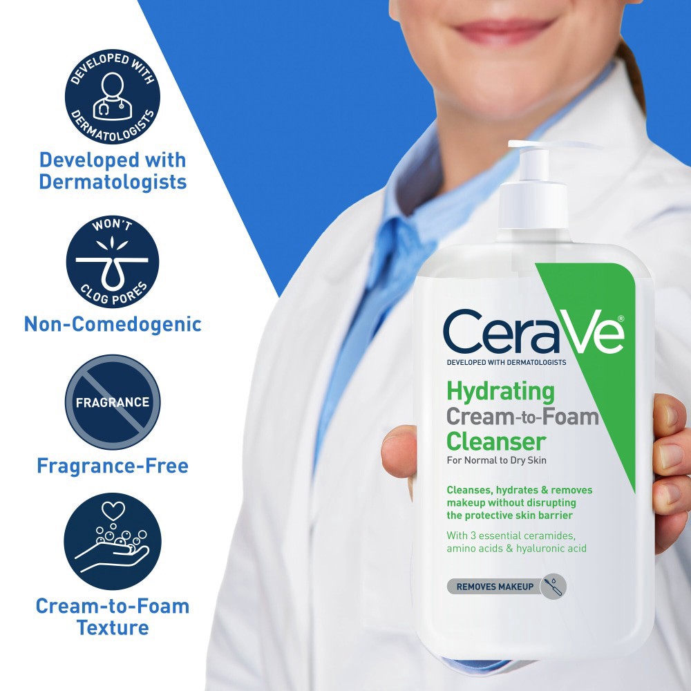 slide 5 of 5, CeraVe Hydrating Cream-to-Foam Makeup Remover Face Wash Cleanser, 16 fl oz