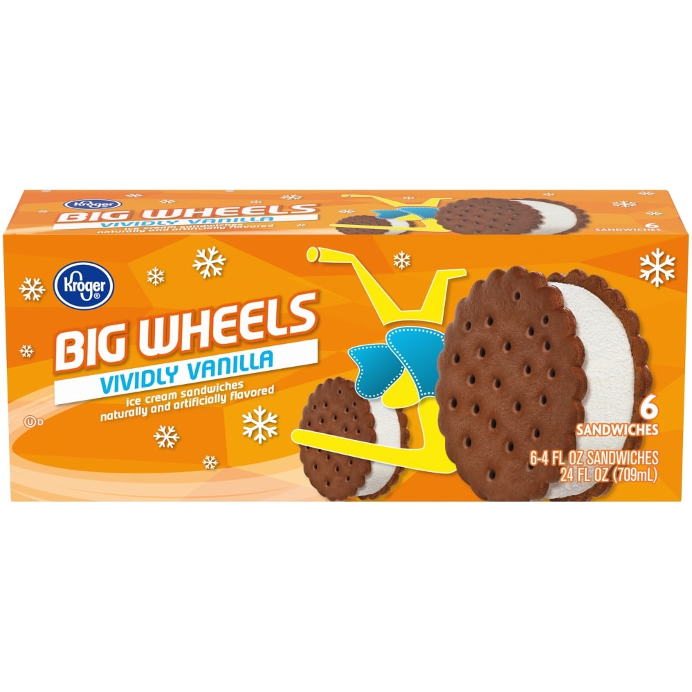 slide 1 of 1, Kroger Big Wheels Vividly Vanilla Ice Cream Sandwiches, 6 ct; 4 fl oz