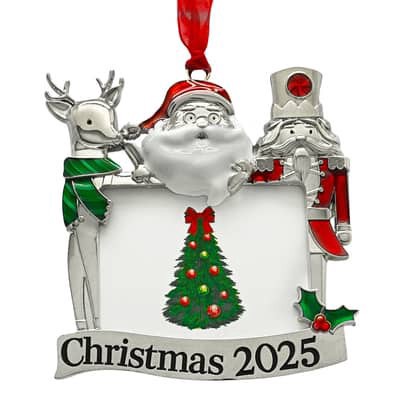 slide 1 of 3, 1.75" X 2.25" Silver Santa & Friends 2025 Ornament Frame By Studio Decor, 1.75 in x 2.25 in