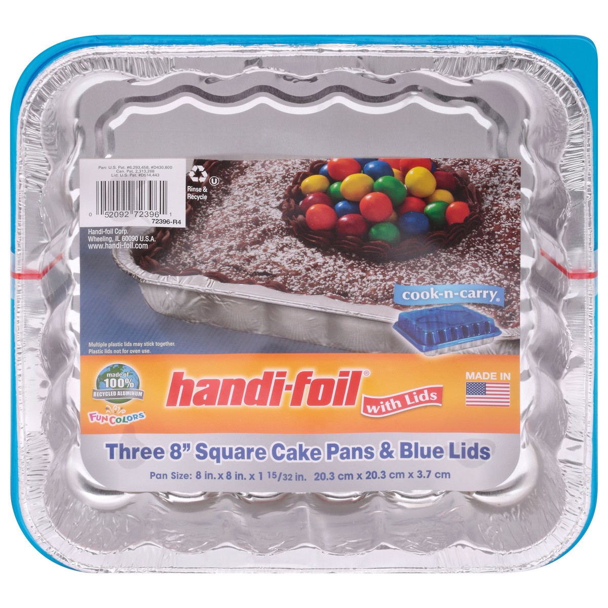 slide 1 of 11, Handi-foil 8 Inch Square Cake Pans & Blue Lids 3 ea, 3 ct