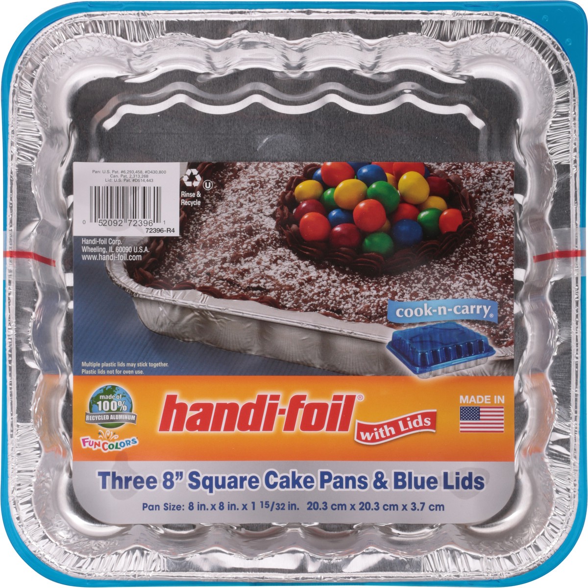 slide 6 of 11, Handi-foil 8 Inch Square Cake Pans & Blue Lids 3 ea, 3 ct