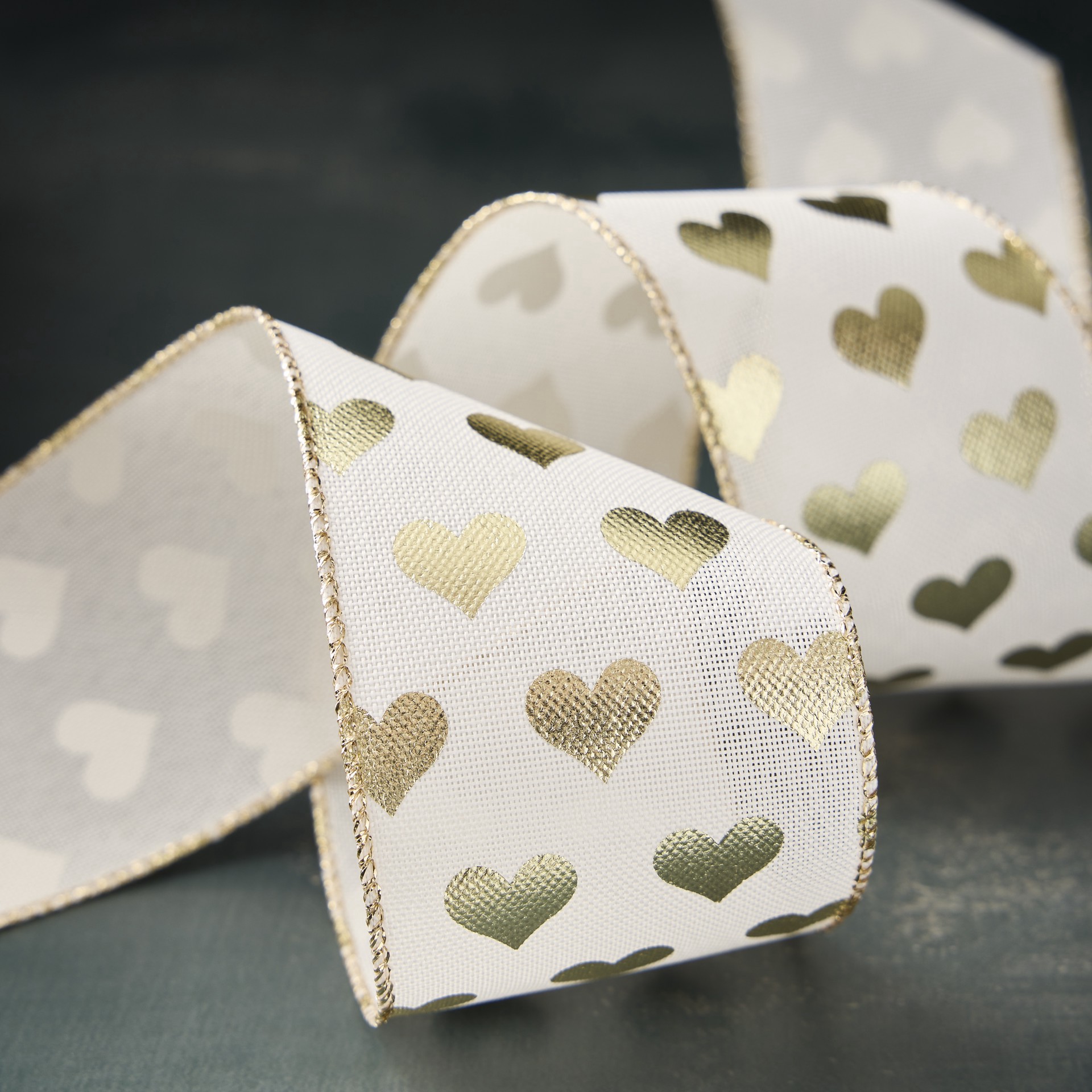 slide 2 of 2, 2.5" X 3yd. Gold Heart Wired Edge Ribbon By Celebrate It, 2.5 in x 3 yd