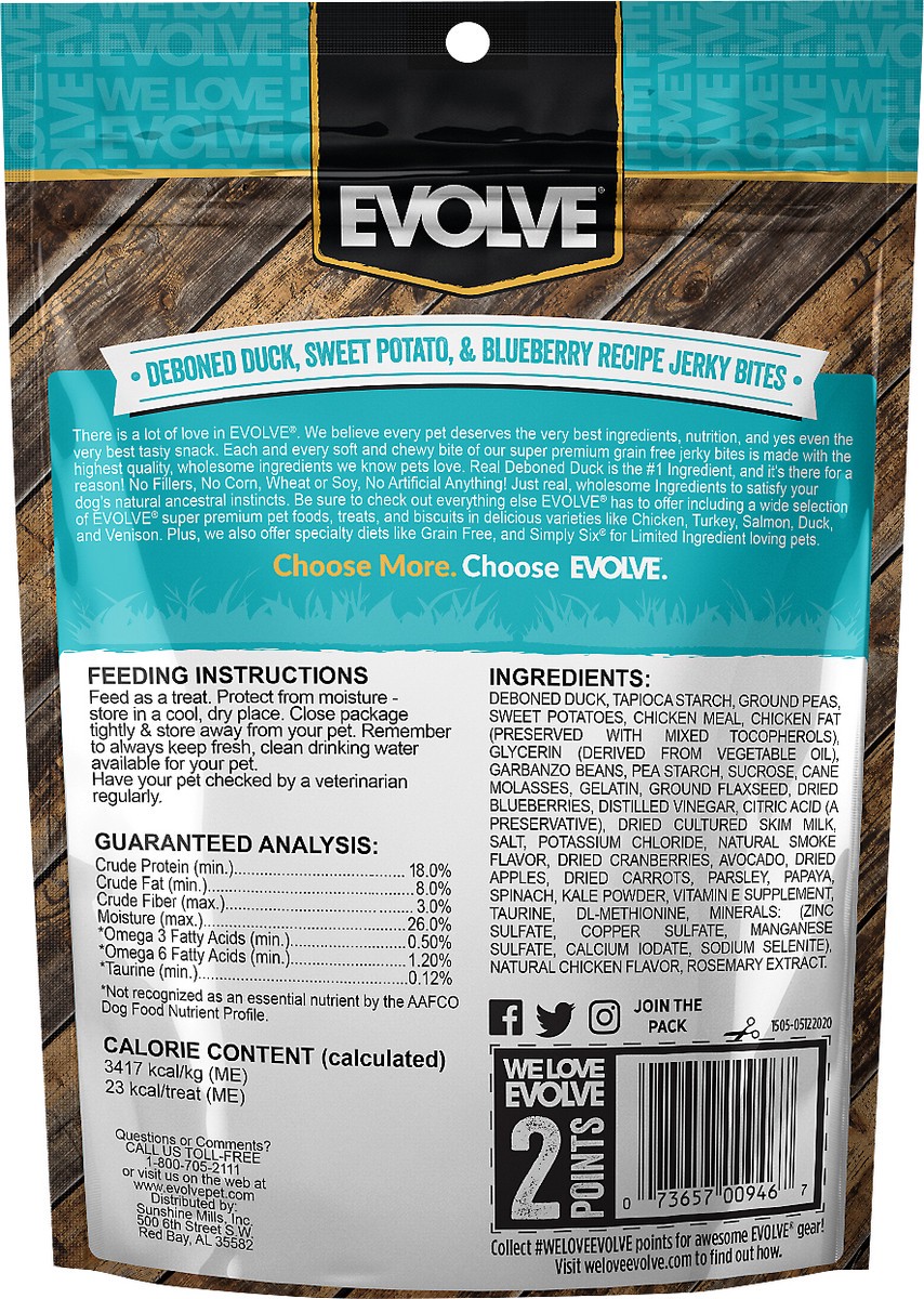slide 3 of 3, Evolve Grain-Free Deboned Duck, Sweet Potato, & Blueberry Recipe Jerky Bites 12 oz, 12 oz