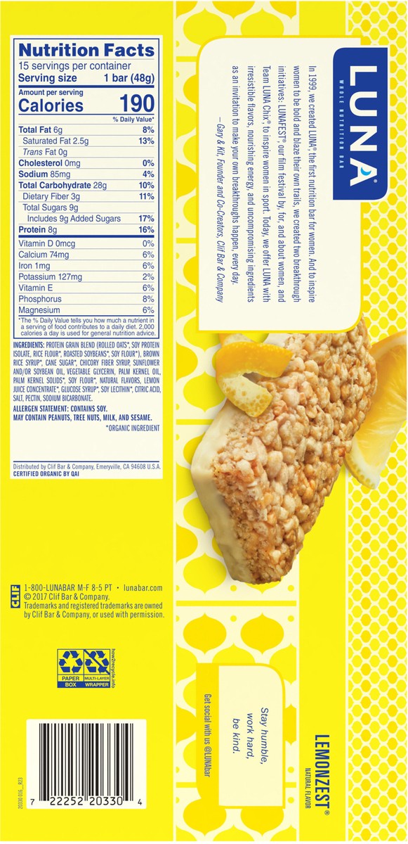slide 4 of 9, LUNA Bar - LemonZest Flavor - Gluten-Free - Non-GMO - 7-9g Protein - Made with Organic Oats - Low Glycemic - Whole Nutrition Snack Bars - 1.69 oz. (15 Count), 15 ct; 1.7 oz