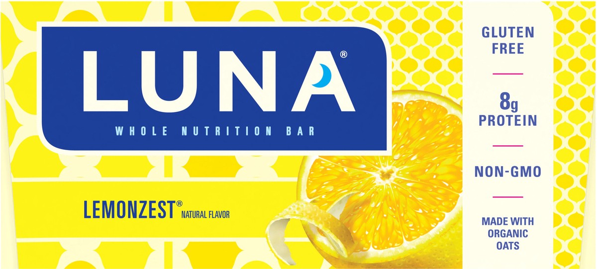 slide 5 of 9, LUNA Bar - LemonZest Flavor - Gluten-Free - Non-GMO - 7-9g Protein - Made with Organic Oats - Low Glycemic - Whole Nutrition Snack Bars - 1.69 oz. (15 Count), 15 ct; 1.7 oz
