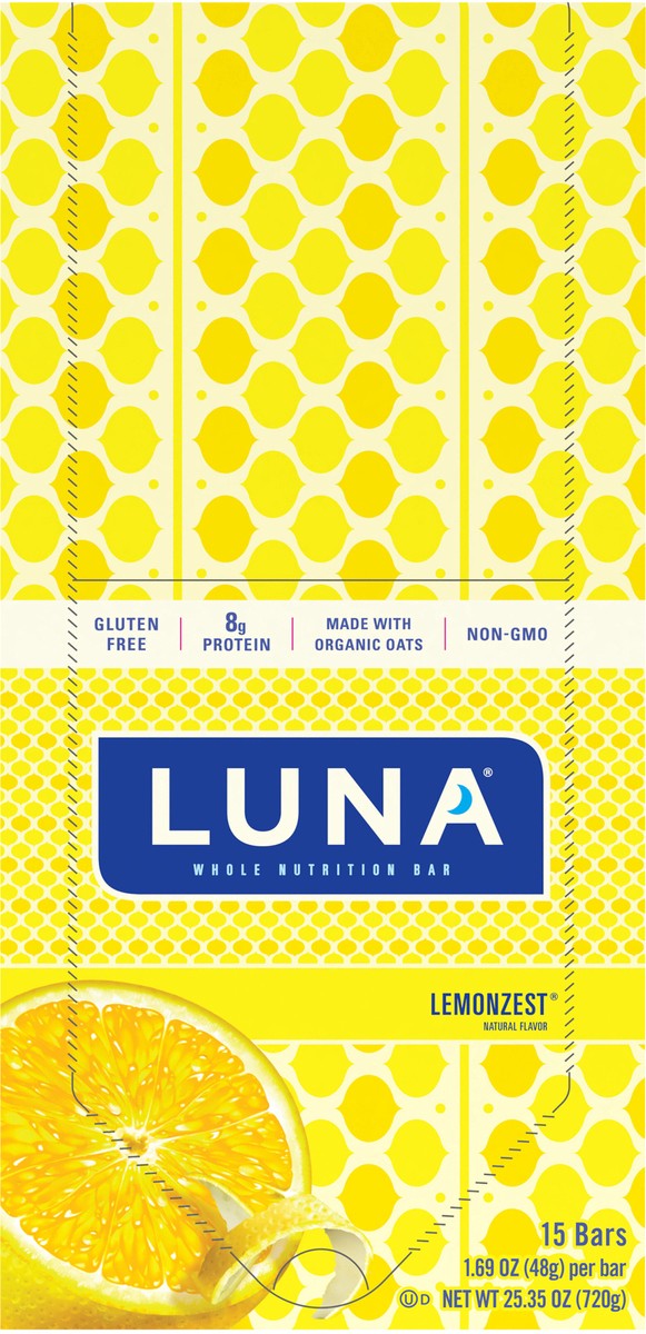 slide 9 of 9, LUNA Bar - LemonZest Flavor - Gluten-Free - Non-GMO - 7-9g Protein - Made with Organic Oats - Low Glycemic - Whole Nutrition Snack Bars - 1.69 oz. (15 Count), 15 ct; 1.7 oz