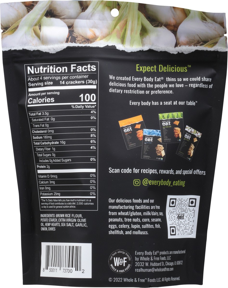 slide 2 of 14, Every Body Eat Chive & Garlic Thins 4 oz, 4 oz