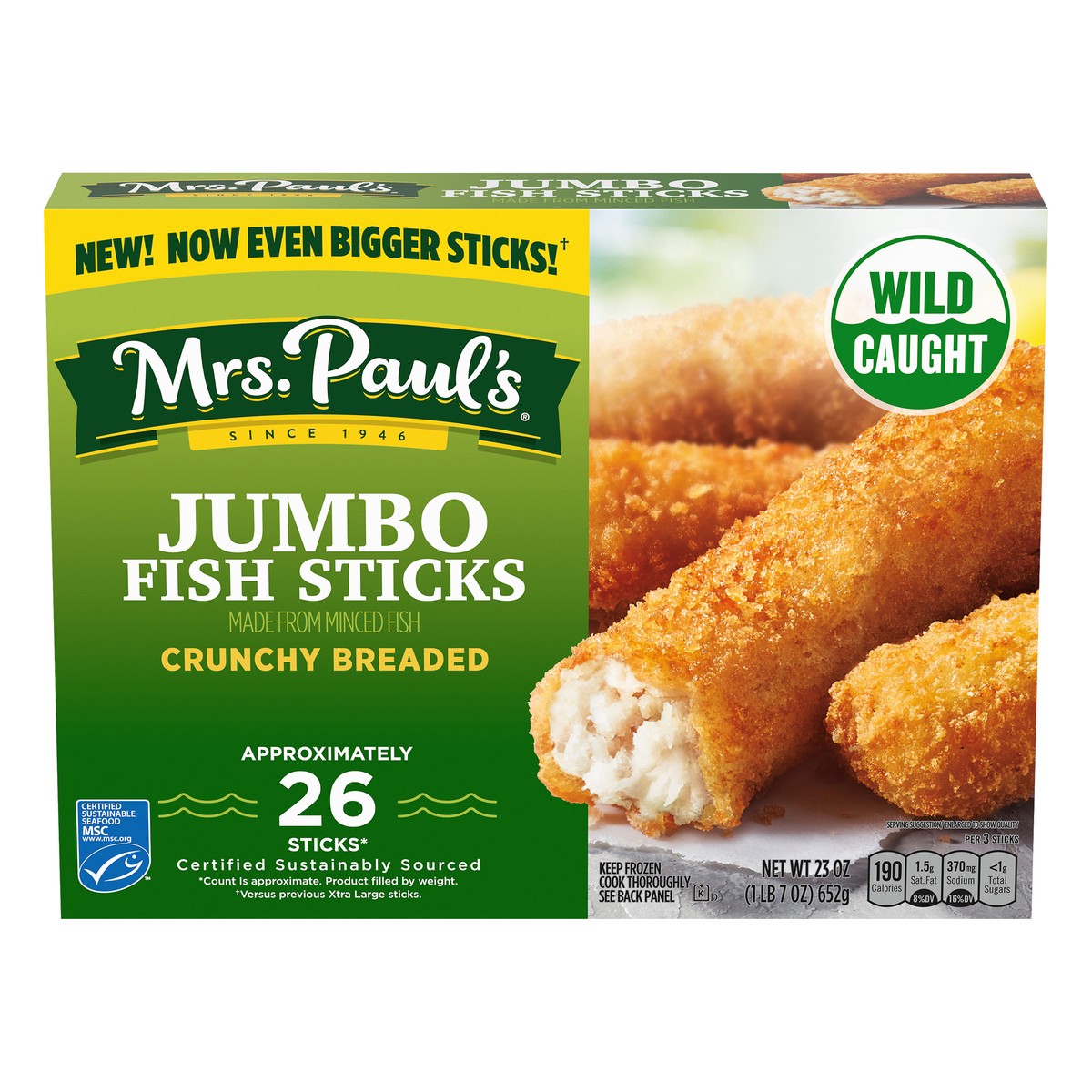 slide 1 of 1, Mrs. Paul's Crunchy Breaded Jumbo Fish Sticks, 23 oz