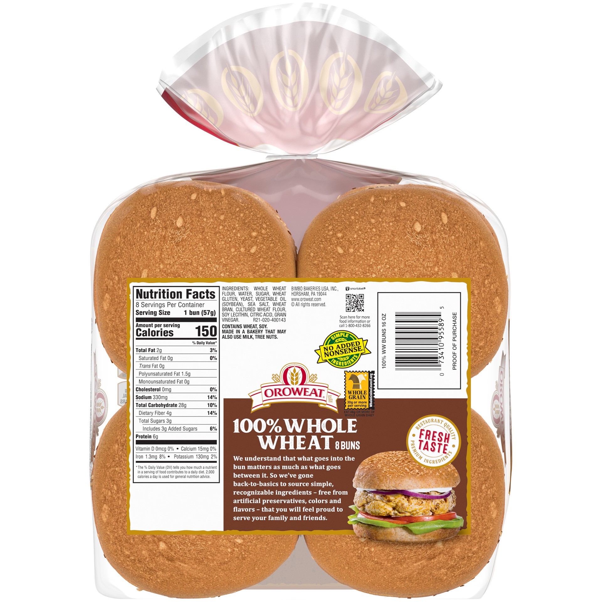 slide 4 of 5, Oroweat Whole Grains 100% Whole Wheat Sandwich Buns 8 Ct 16 Oz, 16 oz