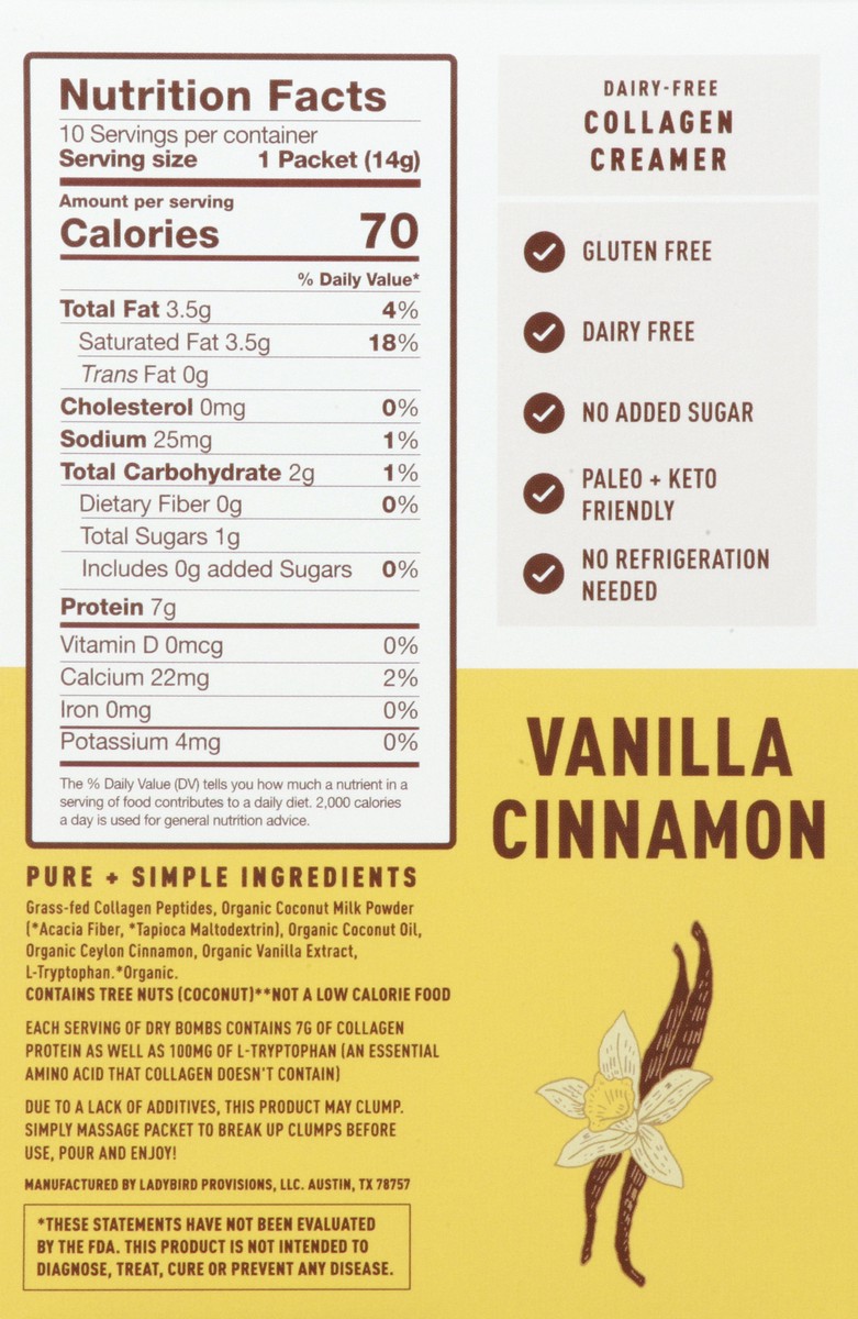 slide 5 of 9, Ladybird Provisions Dry Bombs Vanilla Cinnamon Collagen Creamer 4.9 oz, 4.9 oz