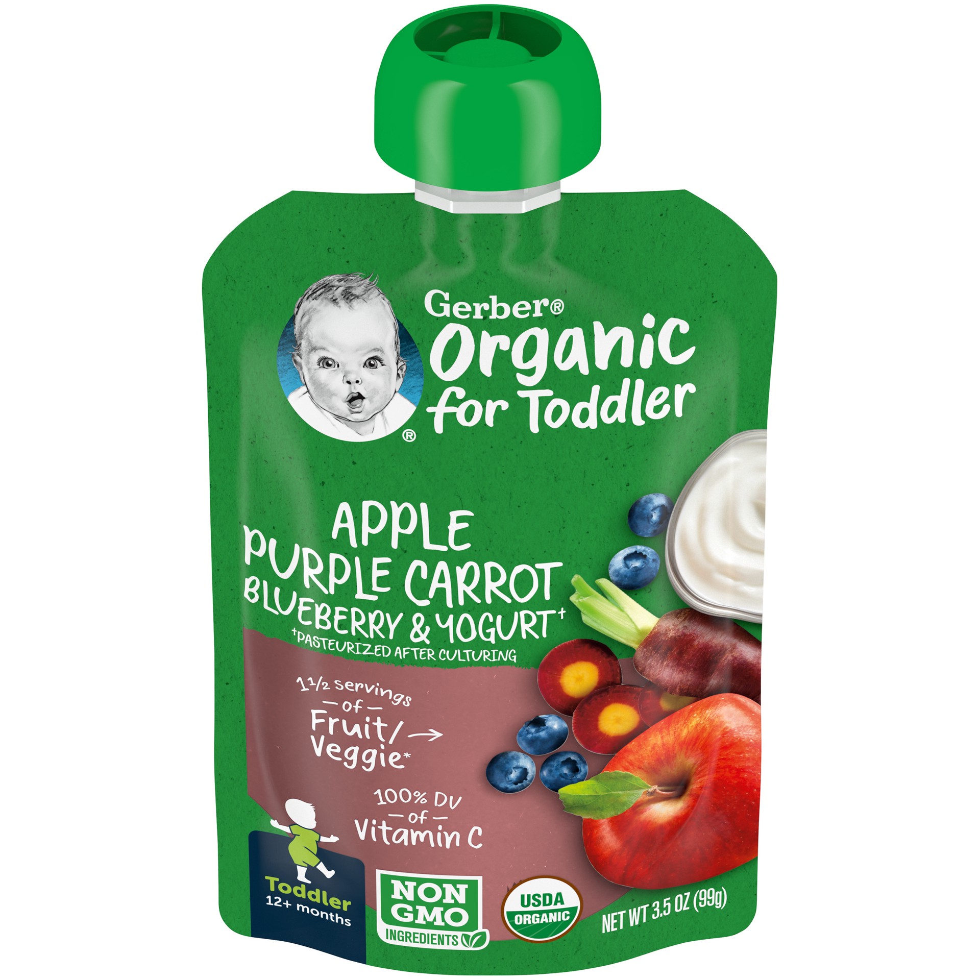 slide 1 of 7, Gerber Graduates Organic for Toddler Yogurt Toddler Food, Apple Purple Carrot Blueberry, 3.5 oz Pouch, 3.5 oz