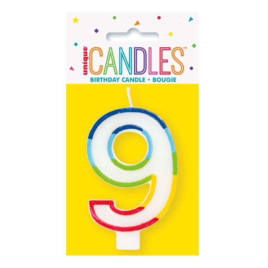 slide 1 of 1, unique Rainbow Border Number 9 Birthday Candle, 3.25 in