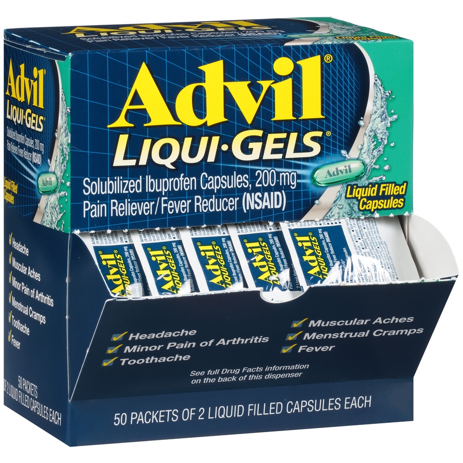 slide 3 of 7, Advil Pain And Fever Reducer Liqui-Gels 2X50 Dispenser - Ibuprofen (NSAID), 100 ct