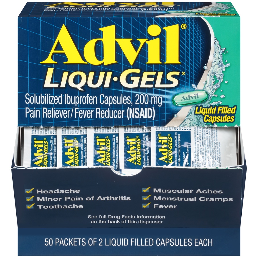 slide 1 of 7, Advil Pain And Fever Reducer Liqui-Gels 2X50 Dispenser - Ibuprofen (NSAID), 100 ct