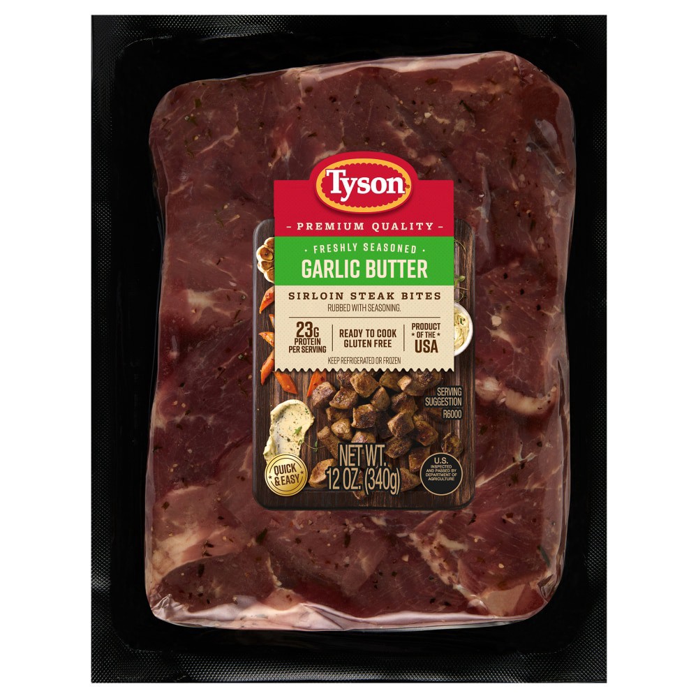 slide 1 of 1, Tyson Sirloin Steak Bites, Garlic Butter, 34.02 g