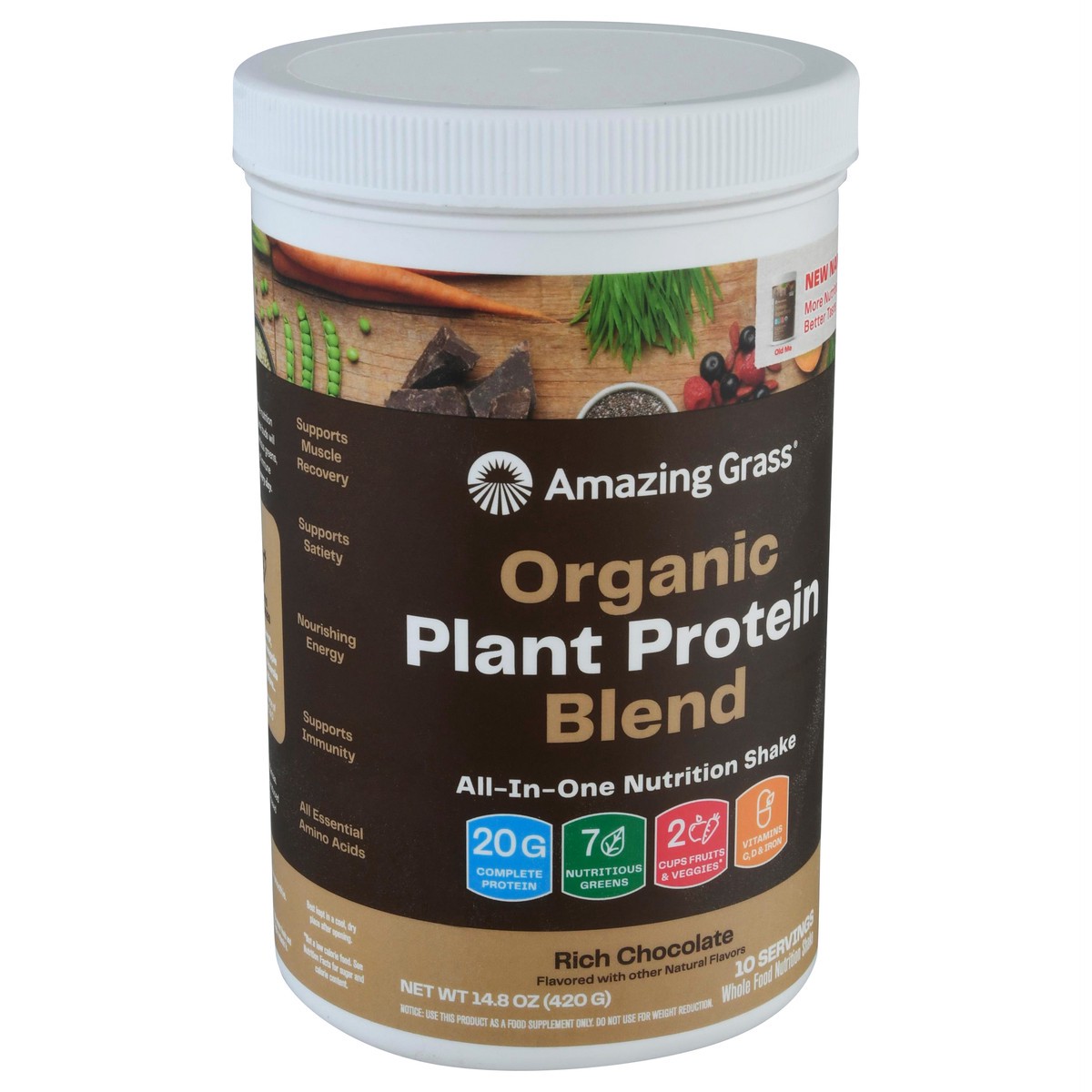 slide 2 of 9, Amazing Grass Organic Rich Chocolate Plant Protein Blend 14.8 oz, 1 ct