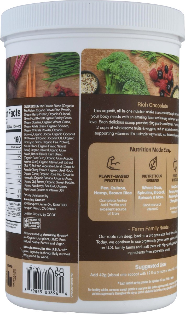 slide 3 of 9, Amazing Grass Organic Rich Chocolate Plant Protein Blend 14.8 oz, 1 ct