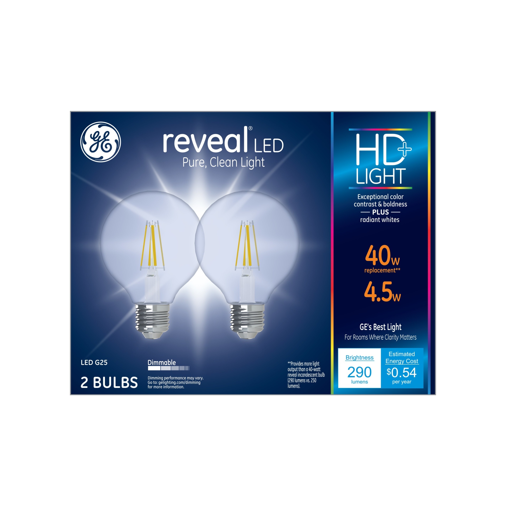 slide 1 of 3, GE Reveal HD+ 40W Replacement LED Light Bulbs Decorative Globe Medium Base Clear G25, 2 ct