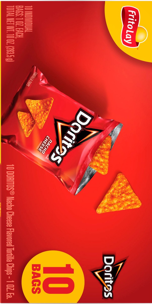 slide 4 of 11, Doritos Tortilla Chips, Nacho Cheese Flavored, 10 ct