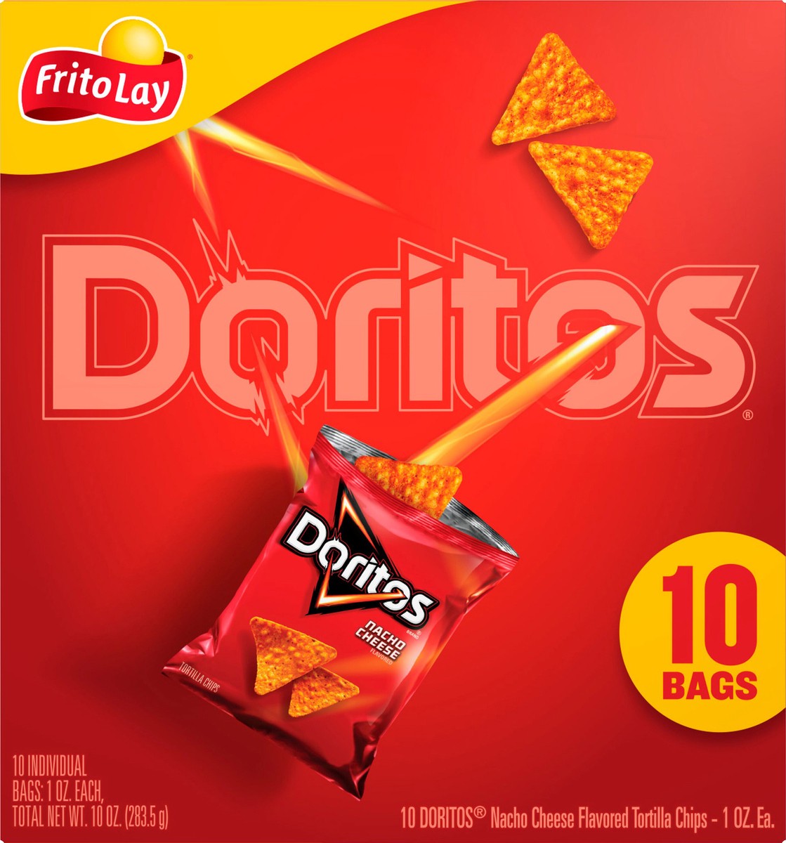slide 5 of 11, Doritos Tortilla Chips, Nacho Cheese Flavored, 10 ct