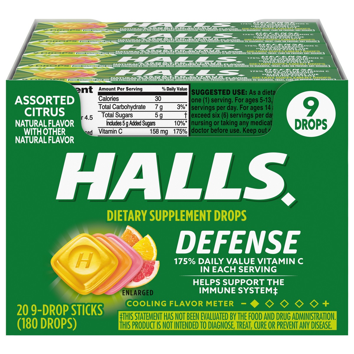 slide 1 of 5, HALLS Defense Assorted Citrus Vitamin C Drops, 20 Sticks of 9 Drops (180 Total Drops), 23.18 oz