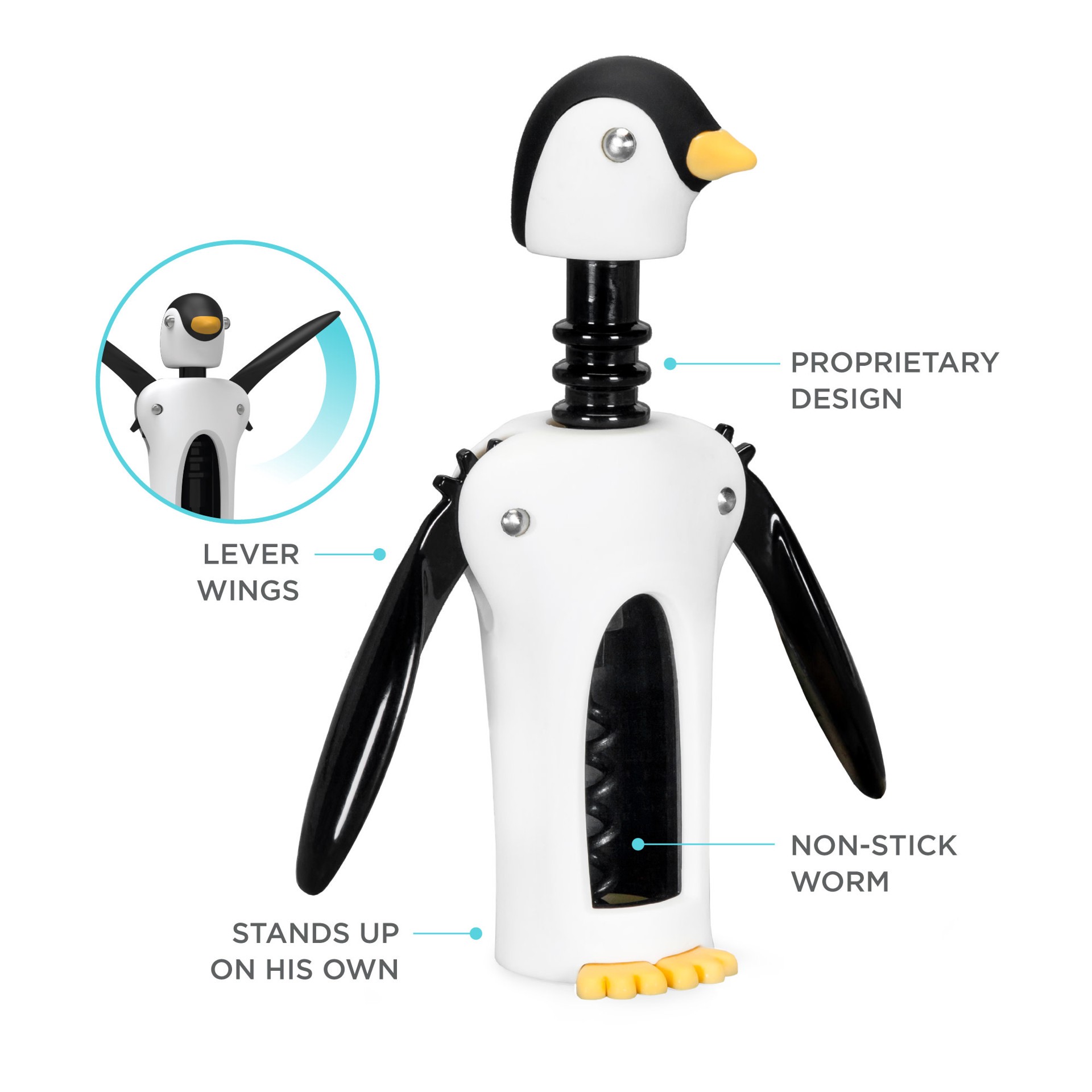 slide 5 of 5, TrueZoo True Zoo Penguin Gifts Winged Penguin Corkscrew Soft-Touch Wine Bottle Cork Opener Remover Kit Portable Waiters Use, 8.25", Multicolor, 1 ct
