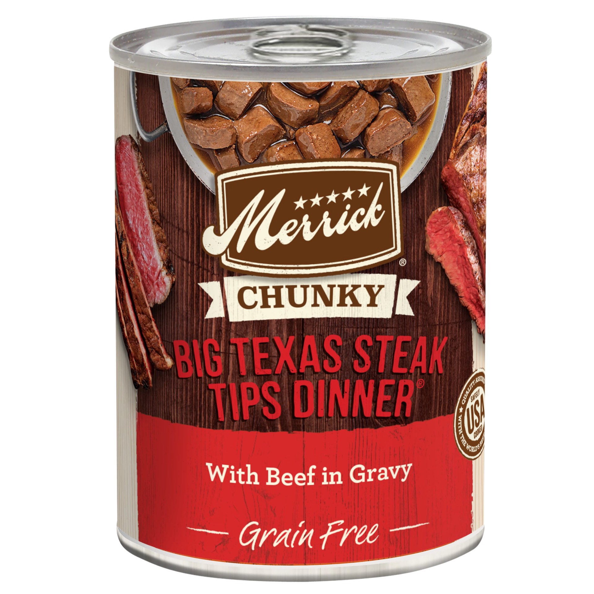 slide 1 of 9, Merrick Chunky Grain Free Premium And Wholesome Canned Dog Food, Real Meat Big Texas Steak Tips Dinner, 12.7 oz