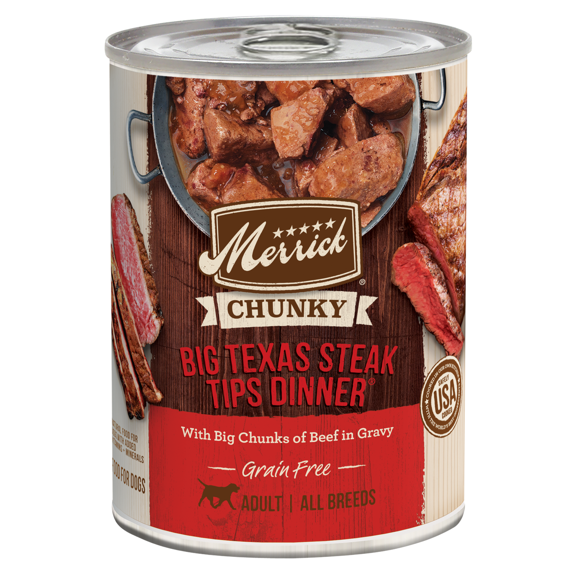slide 1 of 9, Merrick Chunky Grain Free Wet Dog Food, Big Texas Steak Tips Dinner Canned Dog Food -  12.7 oz Can, 12.7 oz