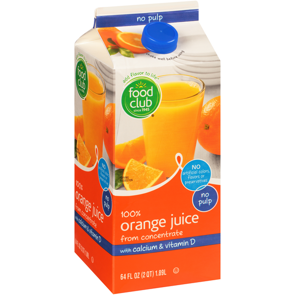 slide 1 of 1, Food Club 100% Orange No Pulp Juice From Concentrate With Calcium & Vitamin D, 64 oz