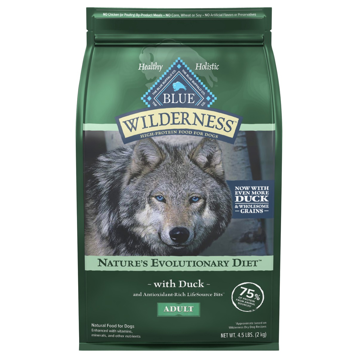 slide 1 of 1, Blue Buffalo Wilderness High Protein Natural Adult Dry Dog Food plus Wholesome Grains, Duck 4.5 lb bag, 4.5 lb