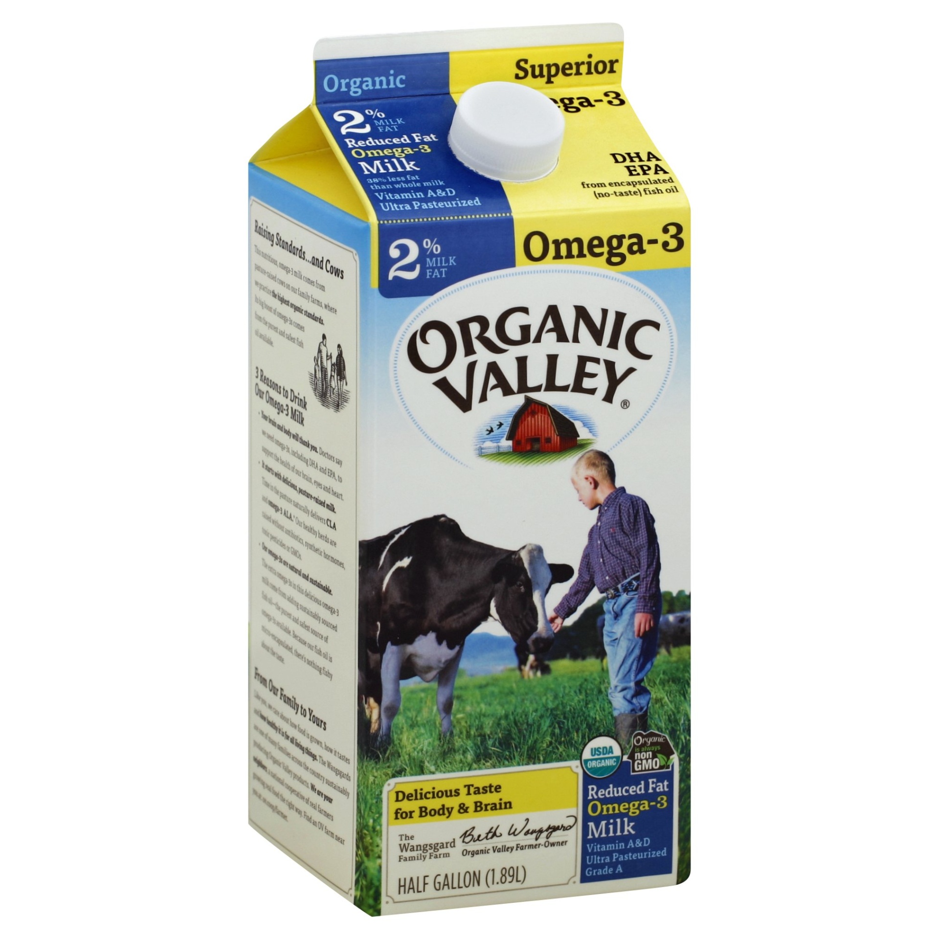 slide 1 of 4, Organic Valley Milk, Reduced Fat, Omega-3, 2% Milk Fat, 1/2 gal