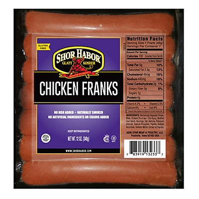 slide 1 of 1, Shor Harbor Kosher Chicken Franks, 12 oz