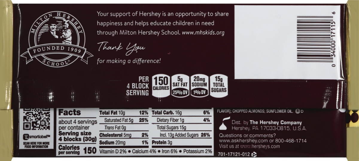 Hershey's Milk Chocolate Bar With Almonds 4.25 oz Shipt