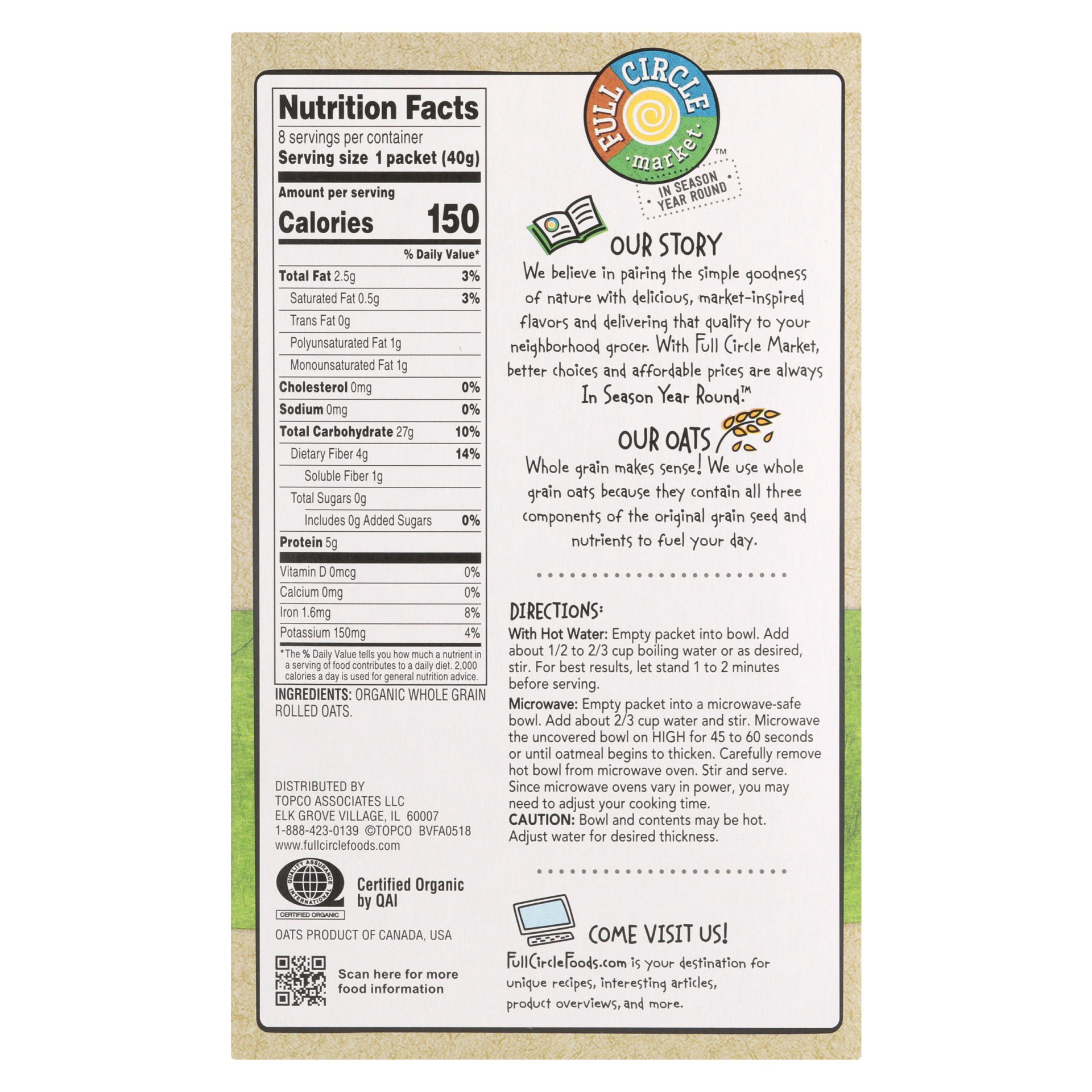 slide 2 of 6, Full Circle Market Organic Instant Oatmeal Original, 8 ct