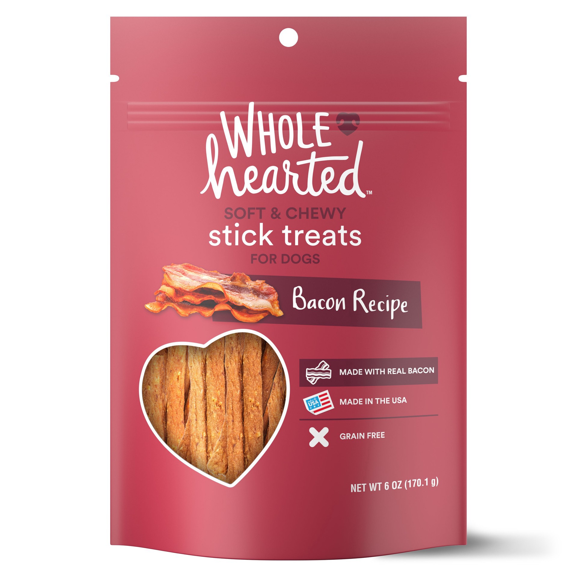 slide 1 of 5, WholeHearted Grain Free Soft and Chewy Bacon Recipe Dog Stick Treats, 16 oz