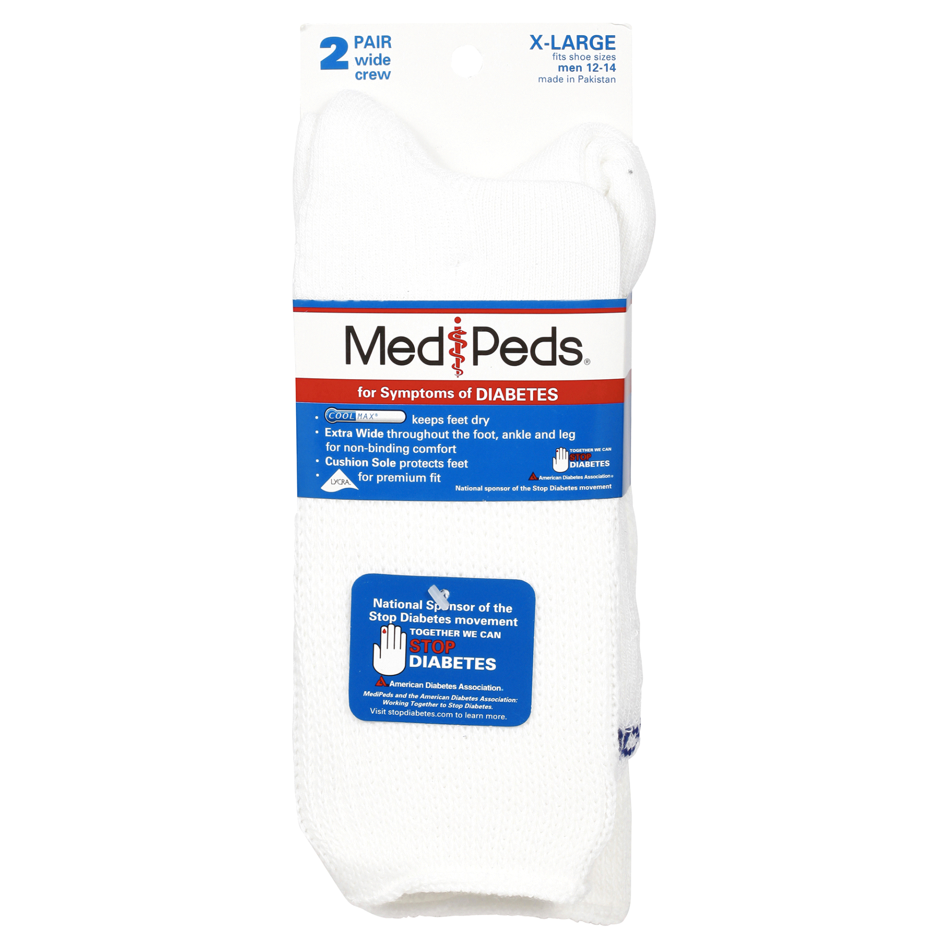 slide 1 of 2, Medipeds Men's Coolmax Cotton Cushion Wide Crew Socks, X-Large, Sizes 12-14, White, 2 ct