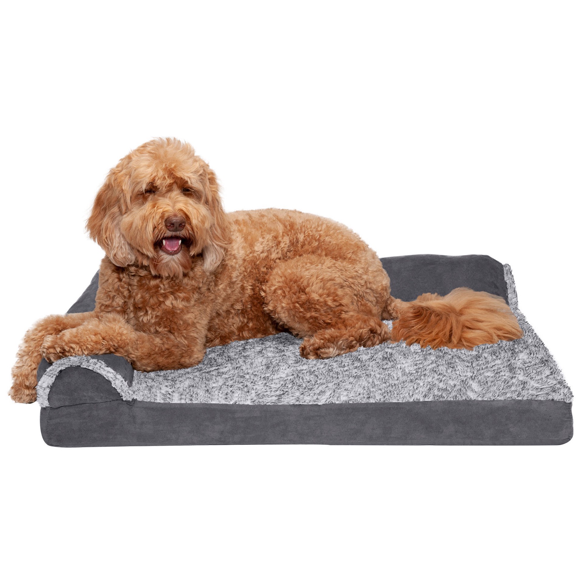 slide 1 of 1, FurHaven Two-Tone Faux Fur & Suede Deluxe Chaise Lounge Orthopedic Sofa Dog Bed, LG