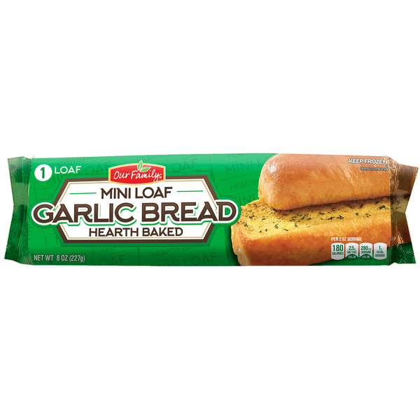 slide 1 of 1, Our Family Garlic Bread, Hearth Baked Mini Loaf Frozen-Our Family, 8 oz