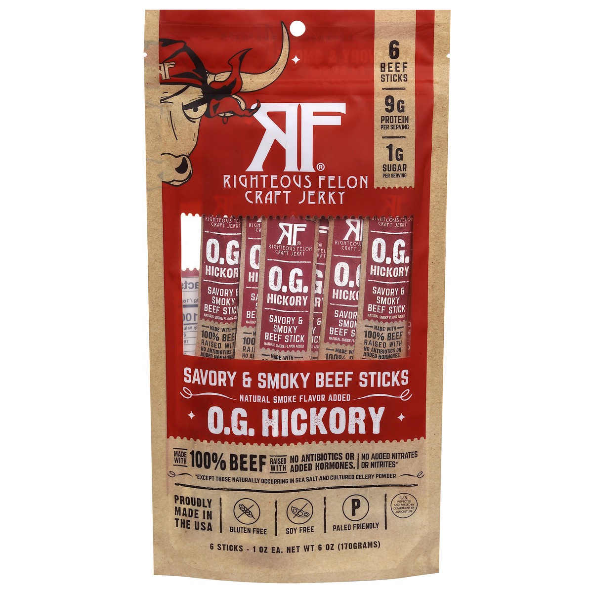 slide 1 of 14, Righteous Felon Savory & Smoky O.G. Hickory Beef Sticks - 6 x 1 oz, 6 ct