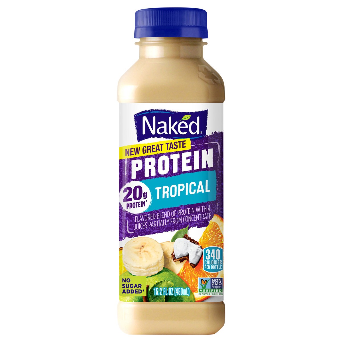 slide 1 of 3, Naked No Sugar Added, Non GMO Protein Tropical Fruit Juice, 15.2 Fl Oz, Bottle, 15.20 fl oz