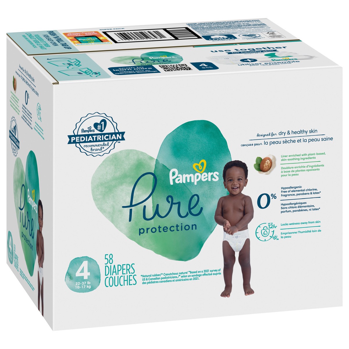 slide 6 of 8, Pampers Pure Baby Diapers, Size 4 (22-37 lbs), 58 count, Up to 100% Leakproof, Premium Hypoallergenic Soft Diapers, 52 ct