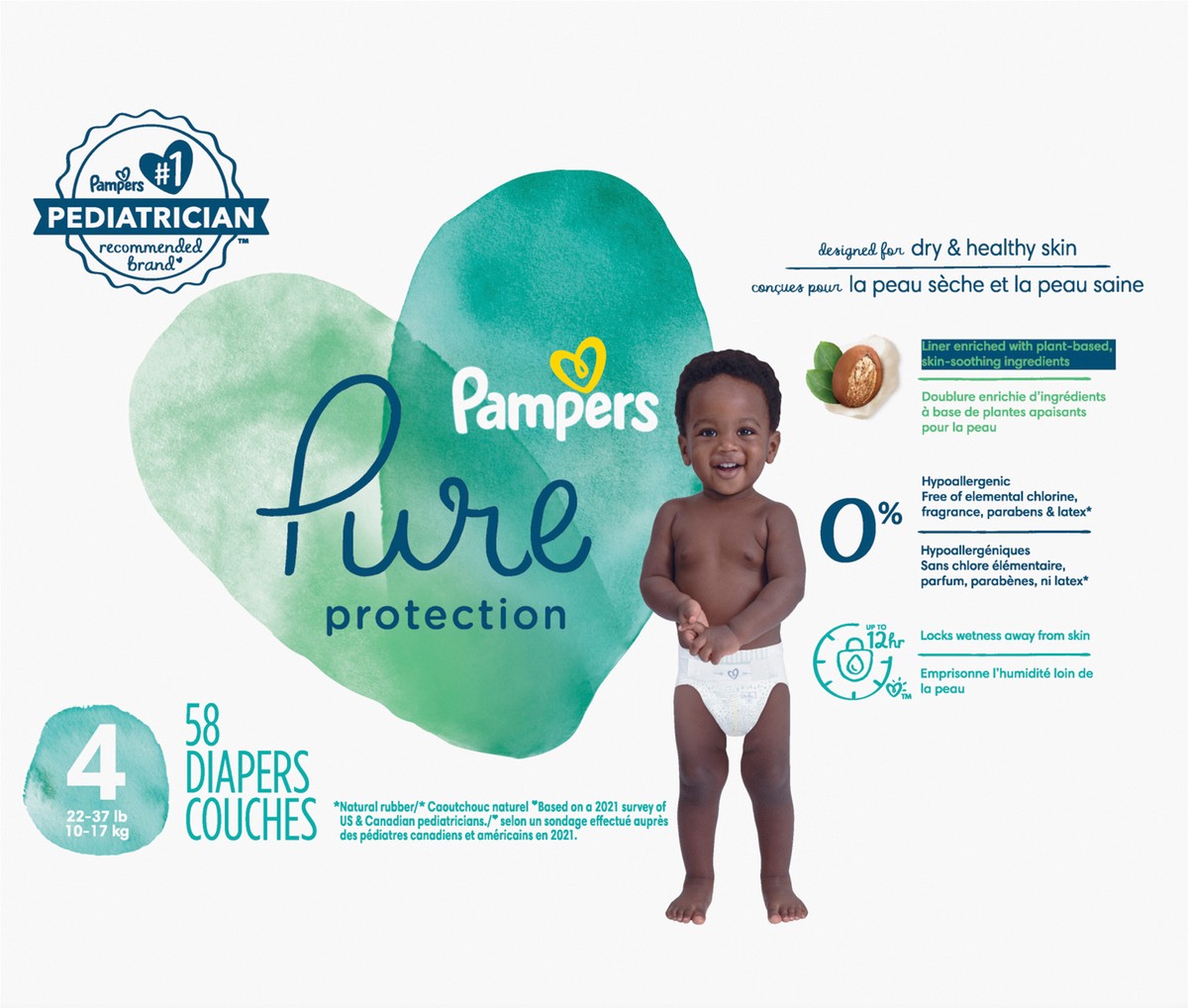 slide 2 of 8, Pampers Pure Baby Diapers, Size 4 (22-37 lbs), 58 count, Up to 100% Leakproof, Premium Hypoallergenic Soft Diapers, 52 ct
