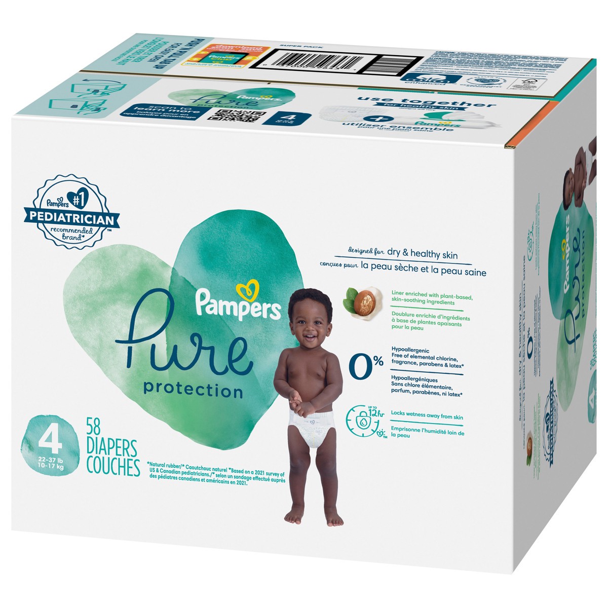 slide 5 of 8, Pampers Pure Baby Diapers, Size 4 (22-37 lbs), 58 count, Up to 100% Leakproof, Premium Hypoallergenic Soft Diapers, 52 ct