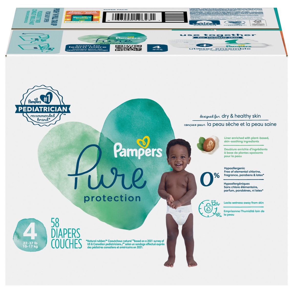 slide 1 of 8, Pampers Pure Baby Diapers, Size 4 (22-37 lbs), 58 count, Up to 100% Leakproof, Premium Hypoallergenic Soft Diapers, 52 ct