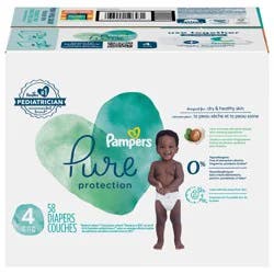 Pampers Pure Baby Diapers, Size 4 (22-37 lbs), 58 count, Up to 100% Leakproof, Premium Hypoallergenic Soft Diapers