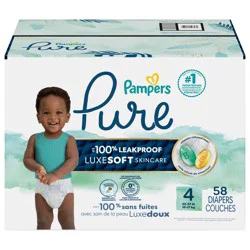 Pampers Pure Baby Diapers, Size 4 (22-37 lbs), 58 count, Up to 100% Leakproof, Premium Hypoallergenic Soft Diapers