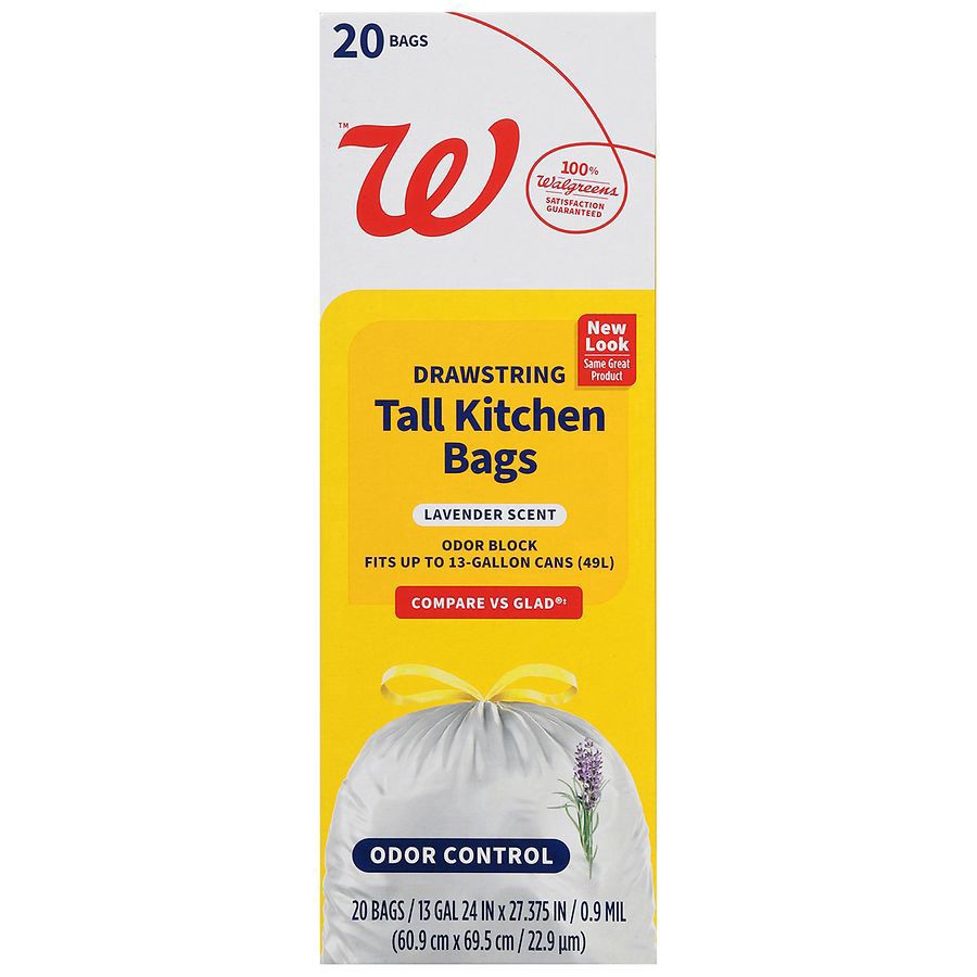slide 1 of 5, Walgreens Drawstring Tall Kitchen Bags Lavender, White, 13 gal 20 ct