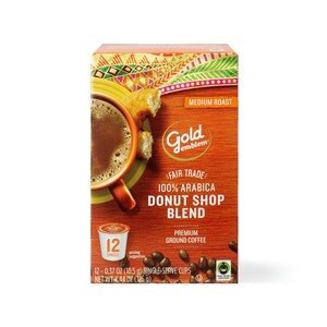 slide 1 of 1, Gold Emblem Fair Trade Donut Shop Blend Premium Ground Coffee Single-Serve Cups, 12 Ct, 4.44 oz